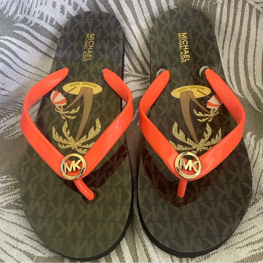 Michael Kors Signature Logo Flip Flops with Palm Tree Print
